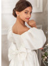 Puff Sleeves Ivory Satin Flower Girl Dress With Beaded Belt